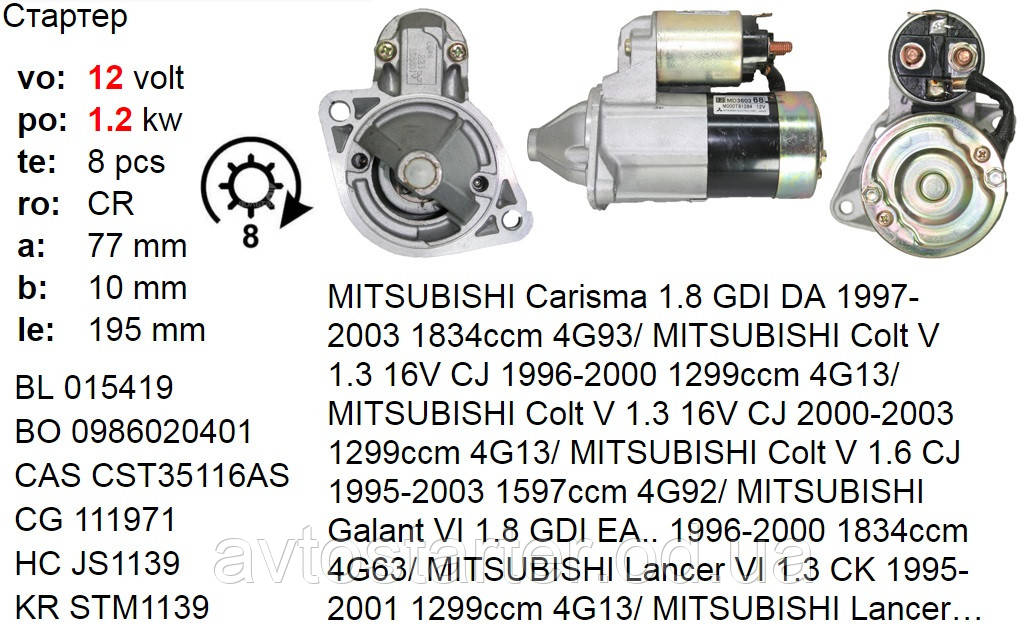 Стартер б/в оригінальний MITSUBISHI Carisma 1.8, Colt, Lancer, Montero, Pajero, Space Star, VOLVO S40, V40