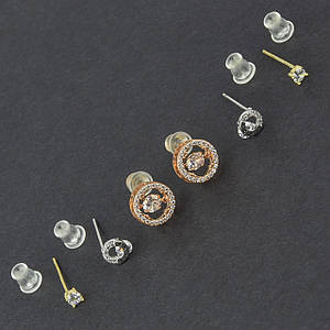 Серьги гвоздики пуссеты набор 6 шт на два уха золото+ серебро с кристаллами разного размера метал 925 S круги