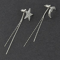 Сережки застібка гвоздик металеві сріблясті ланцюжки зірка та місяць із кристалами довжина 6 см 925 S