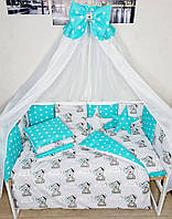 Комплект дитячої постільної білизни ТМ Bonna "STAR" з бортиками подушками. Тедді сірий/ бірюза