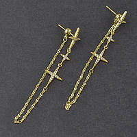 Сережки застібка гвоздик металеві золотисті подвійні ланцюжки зірочки з кристалами довжини 6 см 925 S