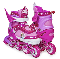 Детские раздвижные ролики 35-38 с комплектом защиты и шлемом Frozen подсветка всех колес розовые