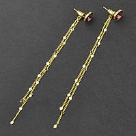 Сережки-застібка гвоздик металеві золотисті подвійні ланцюжки з червоними рубінами довжини 10 см 925 S