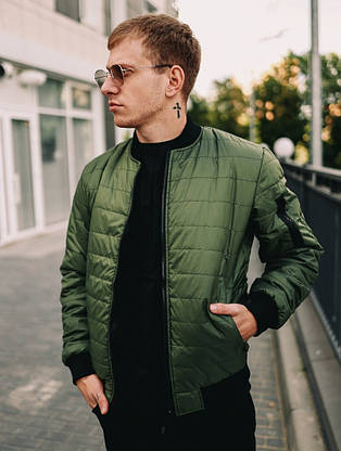 Мужской весенний бомбер цвет хаки куртка на молнии, мужские куртки бомберы однотонные весна-осень, фото 3