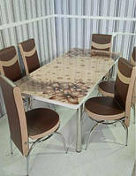 Обеденный стеклянный комплект на 6 стульев ножки хром ,турция коричневый с бежевым цветы