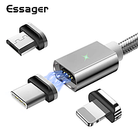 Магнитный кабель серый ESSAGER (micro USB, Type-C, Lightning) 1метр