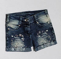Шорты джинсовые синием с подворотом потертостями рванкой и стразами р 122