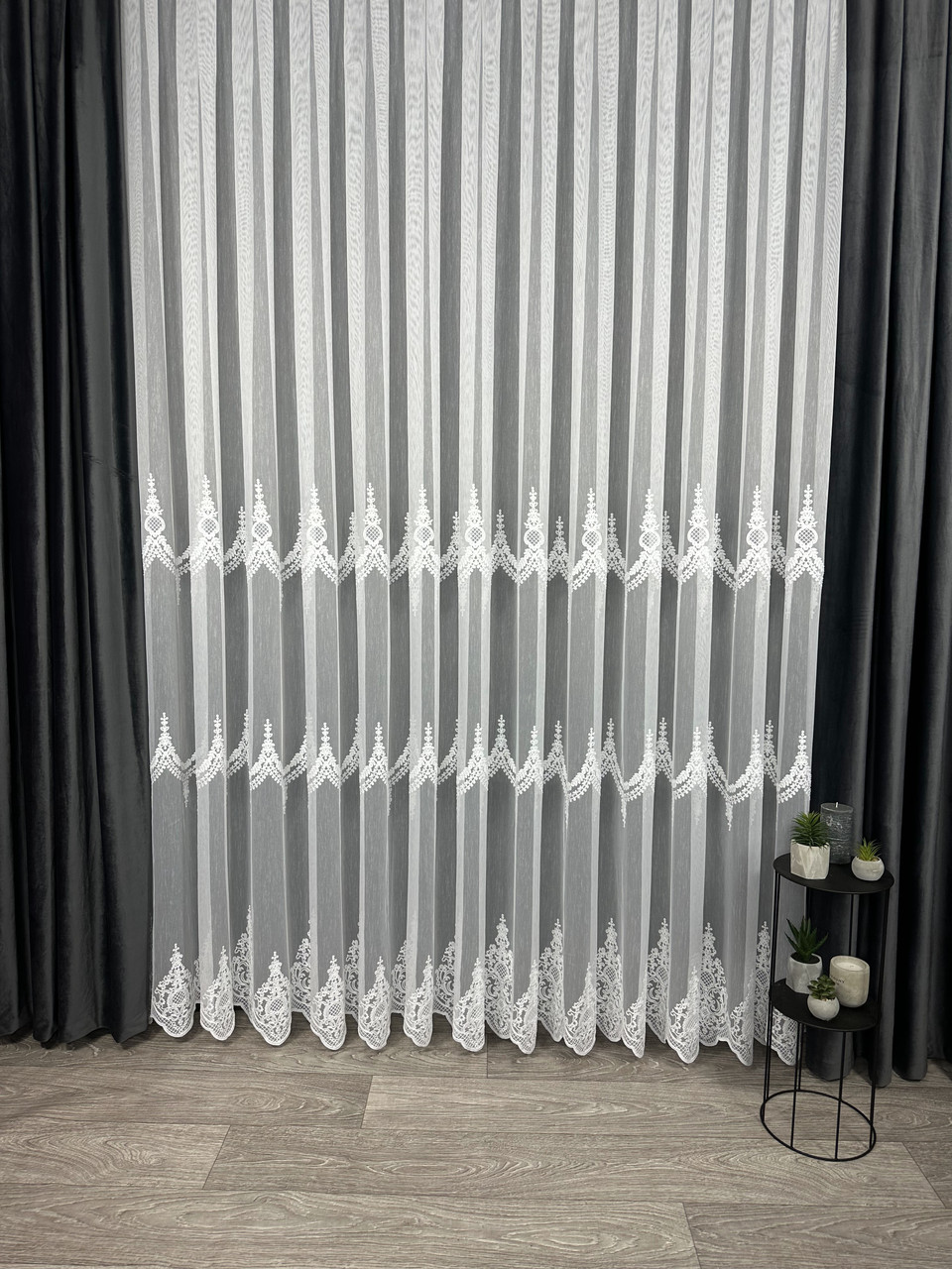 Ціна за 3.7 м! Тюль на основі бамбука з шеніловою вишивкою. Колір: Білий, фото 1