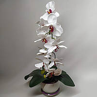 Искусственная латексная орхидея VIP в белом керамическом кашпо на одну ветку белая