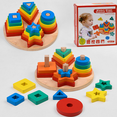 Дерев'яна пірамідка геометричні фігури, фото 1