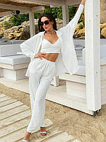 Женский белый легкий костюм-тройка из рубашки, брюк и топа
