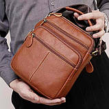 Чоловіча сумка через плече Натуральня шкіра Барсетка Чоловіча шкіряна сумка для документів планшет Коричнева, фото 3