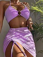 Купальник 3 в 1: лиф бандо, трусики обычные, юбка из сетки, размер S,M Цветы голубой, черный, розовый, фиоле М, фиолетовый