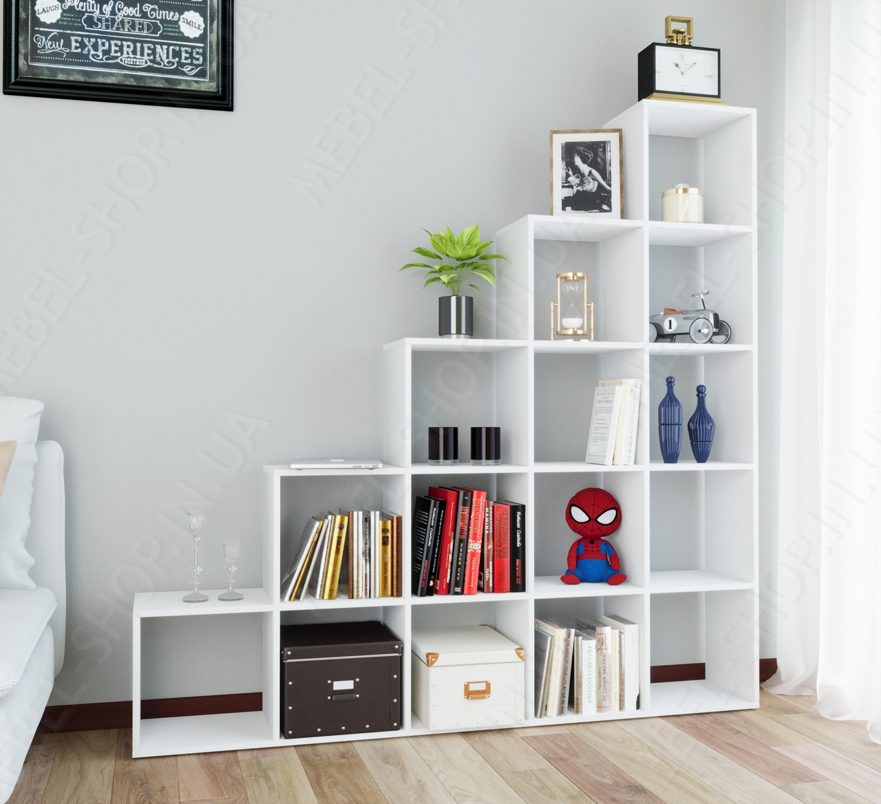 Книжковий стелаж драбинки для дому на 15 осередків Ступінчаста полиця для іграшок та книг з ДСП, фото 1