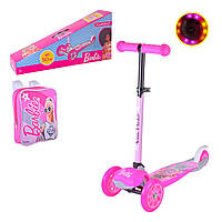 Розовый трехколесный самокат для девочке Barbie с подсветкой колёс и рюкзачком