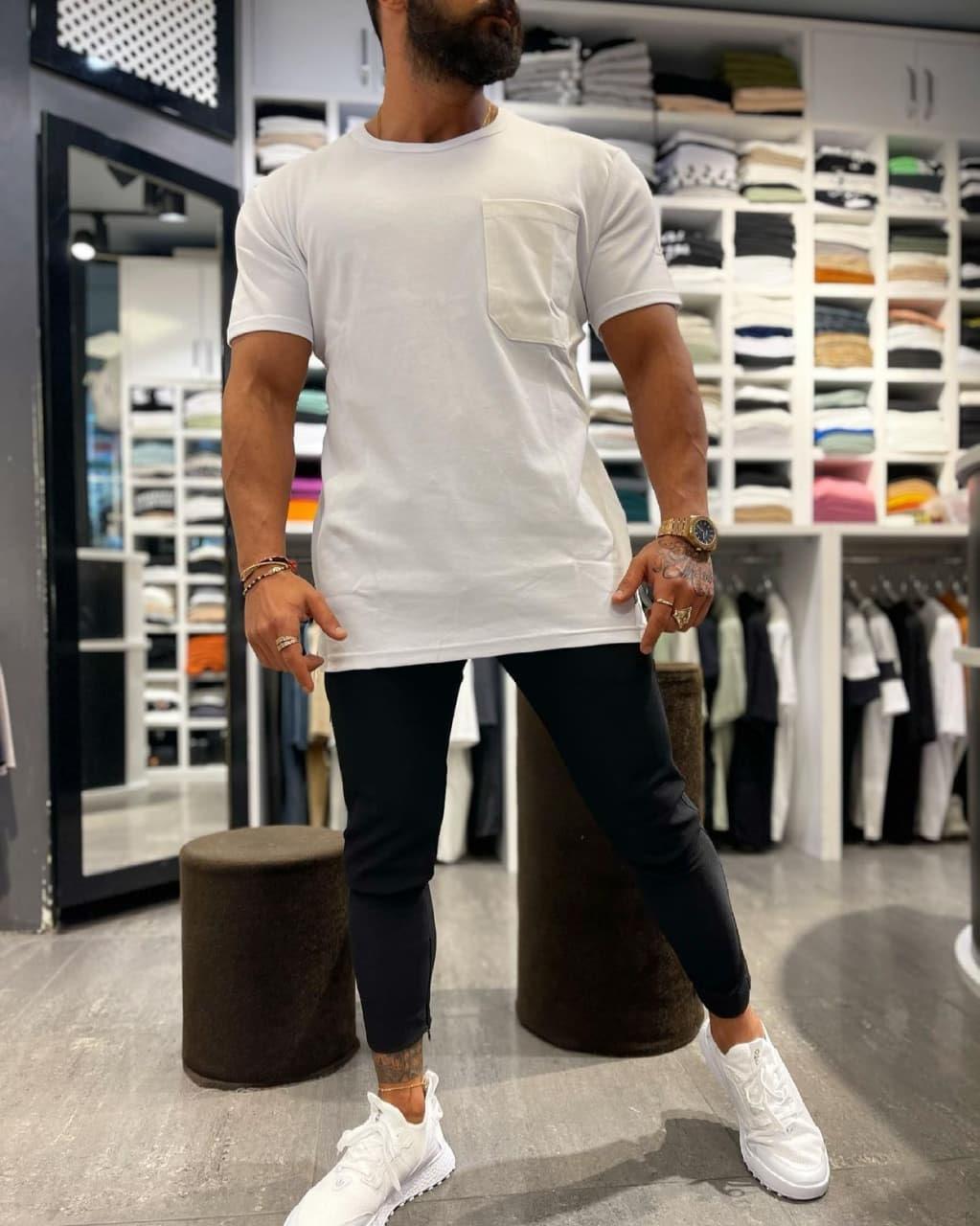 Футболка чоловіча біла базова повсякденна подовжена Perfetto, фото 1