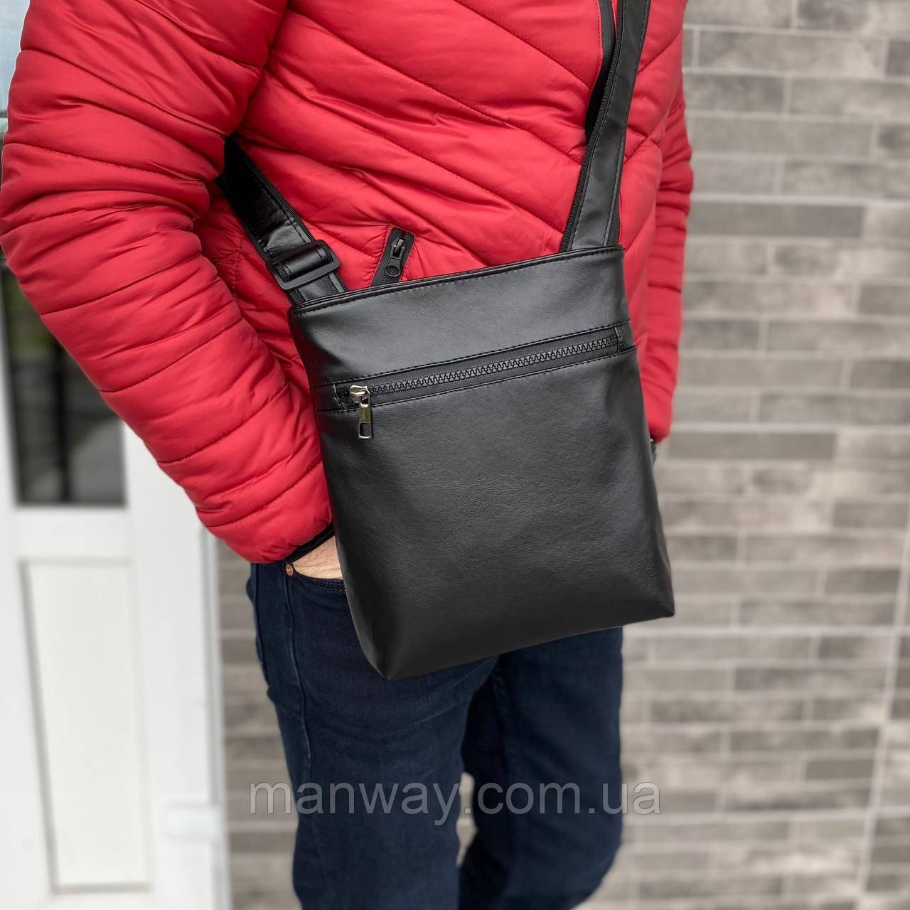 Чоловіча містка сумка барестка через плече чорна екошкіра Bucket