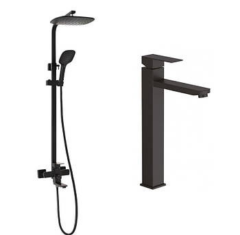 Набір душова системи та високий змішувач на умивальник чорного матового кольору з нержавіючої сталі sus304