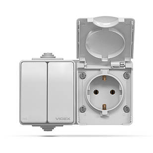 Розетка + вимикач із заземленням Videx Binera IP65 Сірий (VF-BNW32-G) ...