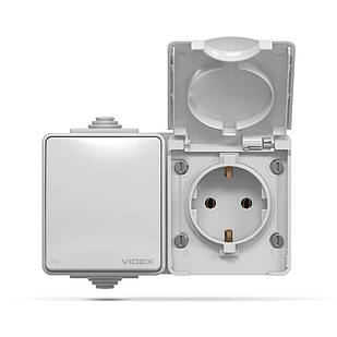 Розетка + вимикач із заземленням Videx Binera IP65 Сірий (VF-BNW3-G)
