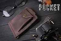 Мужской зажим для денег с монетницей на кнопке из натуральной кожи POCKET коричневый ручная работа