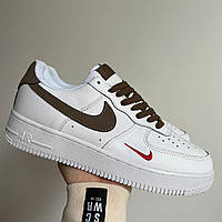 Мужские кожаные белые с коричневым кроссовки Nike Air Force 1. Найк аир форс