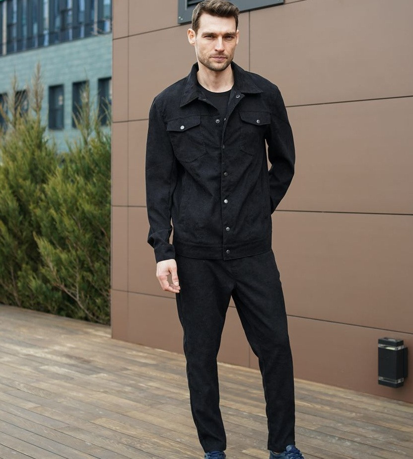 Спортивний костюм чоловічий вельветовий весна осінь трикотаж (піджак+штани) чорний. Живе фото. Модний чоловічий костюм, фото 1