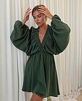Жіноче легке повітряне однотонне плаття з об'ємними рукавами (хаккі, пудра, білий, зелений)