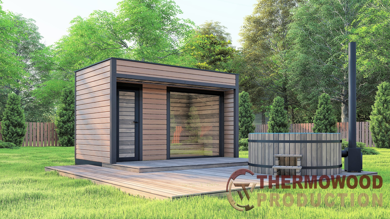 Модульна лазня 4,0х2,75м з панорамним вікном Gartensauna-23 від Thermowood Production