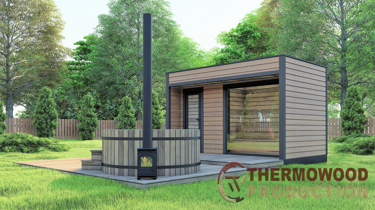 Модульна лазня 4,0х2,75м з панорамним вікном Gartensauna-23 від Thermowood Production