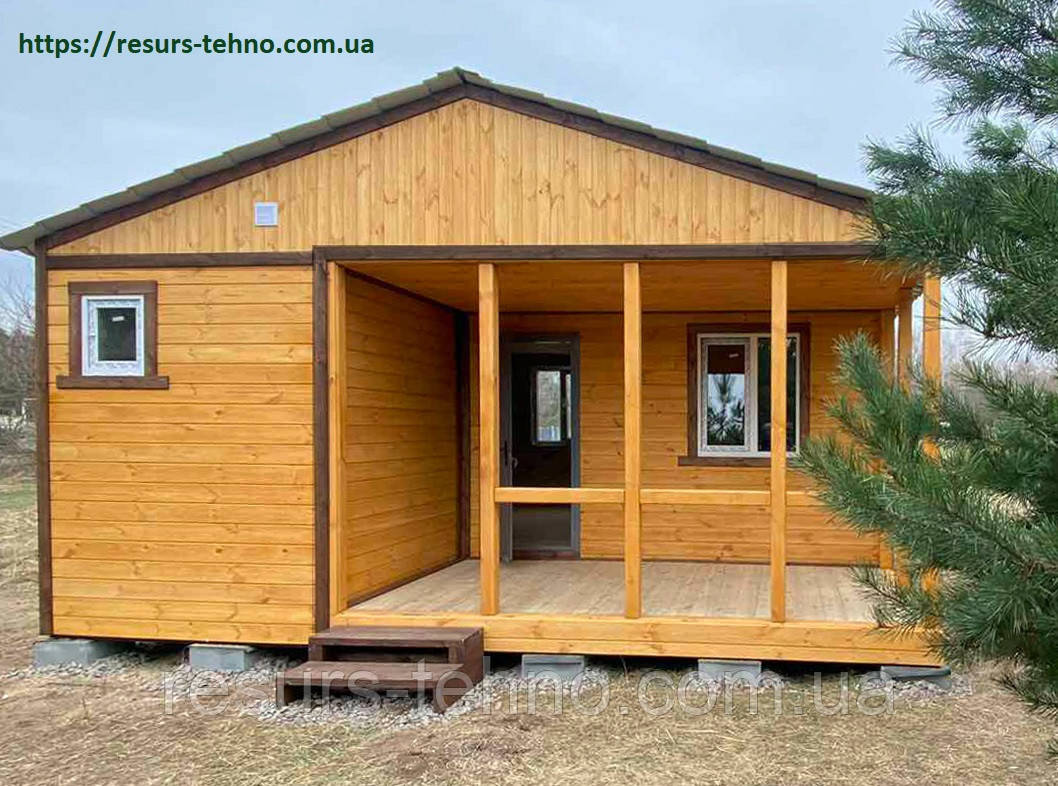 Модульний будинок дачний 6 м х 6 м оздоблення фальшбрусом із терасою.