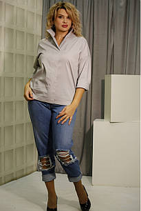 Сіра сорочка натуральна офісна жіноча з модним коміром великого розміру 66