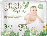 Підгузки дитячі Giggles Natural 3 Midi 4-9 кг 34 шт памперси для малюків натуральні одноразові підгузки