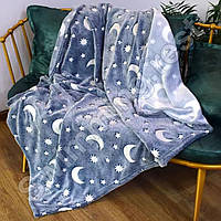 Плед світиться в темряві День-ніч 150х200 см Покривало Мікрофібра (Сіро-синій з місяцем і зірками)