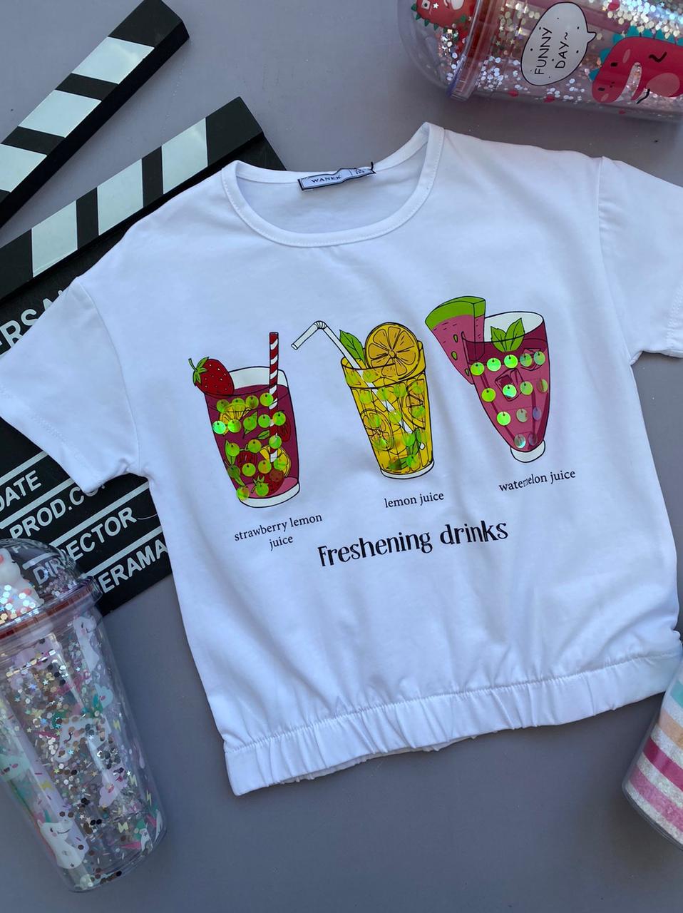 Футболка на дівчинку з соками "Freshening drinks" Біла 2-31678, 190, Wanex, Білий, Для дівчаток, Літо, 152, фото 1