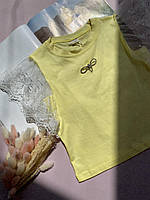 Футболка блузка с кружевными рукавами + брошь Жёлтая 2140 81, Жёлтый, Для девочек, Лето, 130 , 6 лет
