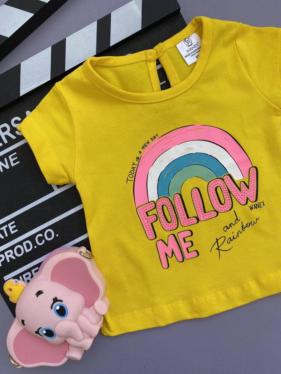 Футболка для дівчинки з написом "Follow Me" та з принтом з веселка Жовта 2-31495, Жовтий, Для дівчаток, Літо, 68, фото 1