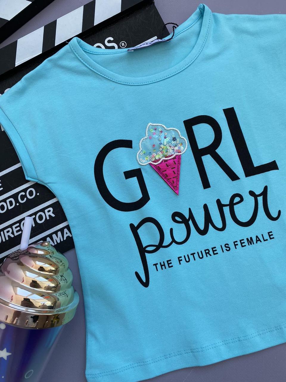 Футболка для дівчинки з написом "Girl power" Блакитна 2-31201, 190, Wanex, Блакитний, Для дівчаток, Літо, 92, фото 1