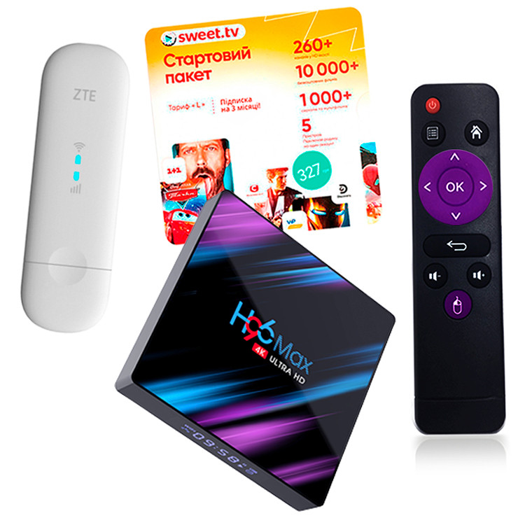 Приставка Смарт ТВ H96 MAX (4/64 GB) + модем ZTE MF-79(U) + Пакет Sweet TV (L) на 3 місяці