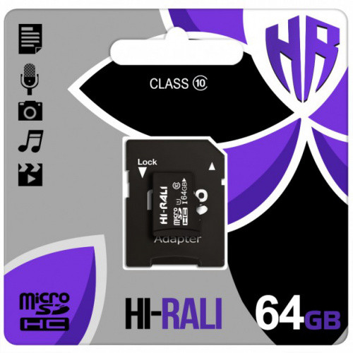Карта Пам'яті Hi-Rali MicroSDXC 64gb UHS-1 10 Class + Adapter (Чорний)