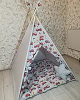 Вігвам для хлопчика сіро-блакитний в автомобілі 115х115 см з килимком бонбон, фото 5