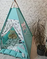 Вігвам для дитини бірюзовий 115х115 см з килимком бонбон, фото 7
