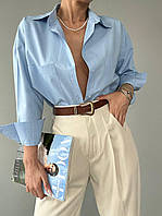 Женская удлиненная базовая,однотонная классическая хлопковая рубашка,в расцветках, размер универсальный 42-46 Голубой