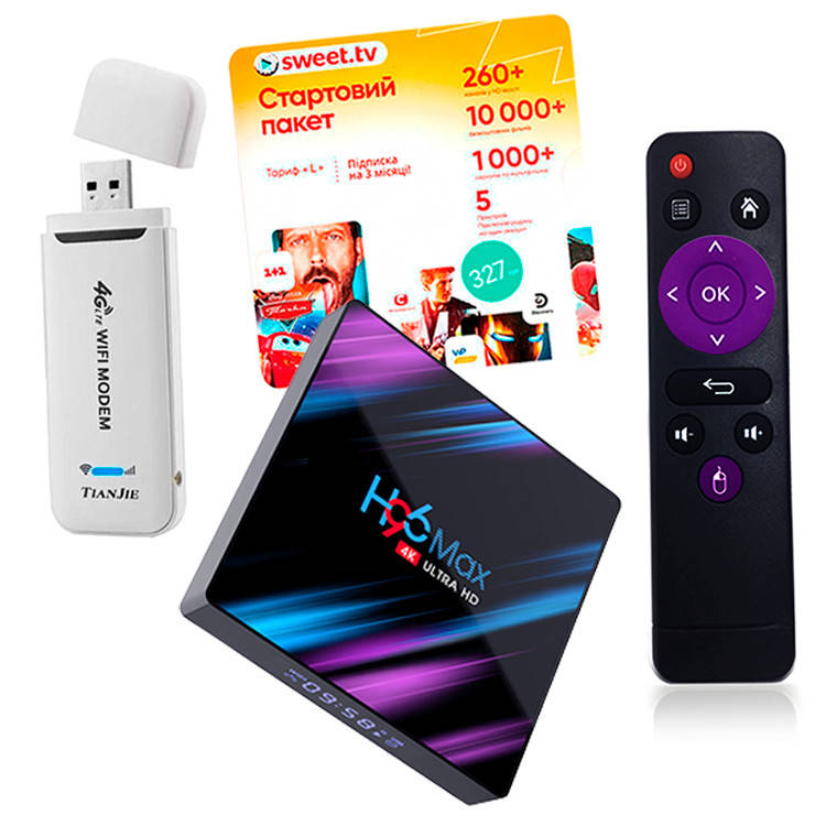 Приставка Смарт ТВ H96 MAX (4/64 GB) + модем TianJie UF-901 + Пакет Sweet TV (L) на 3 місяці, фото 1