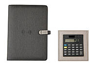 Блокнот с калькулятором беспроводной зарядкой и флешкой 16 Гб Powerbank с еко-кожи Черный