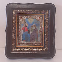 Икона Пресвятая Троица, лик 10х12 см, в темном деревянном киоте со вставками