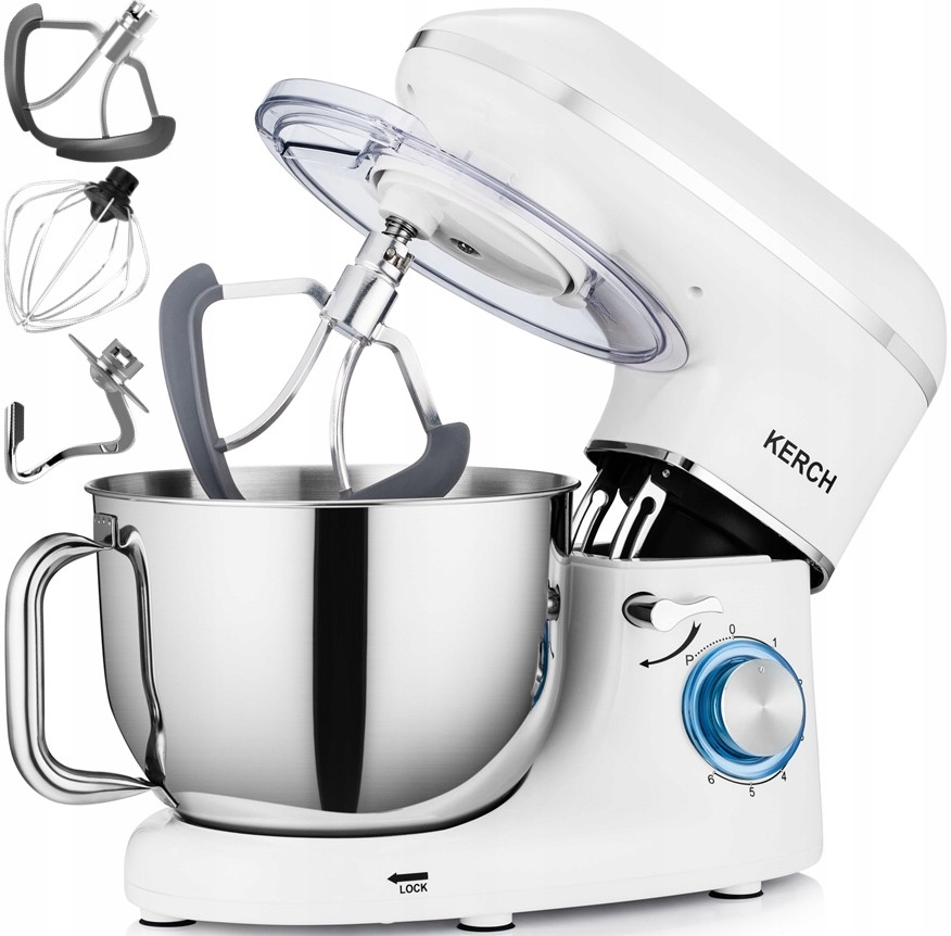 Тістоміс міксер, професійний планетарний робот для дому KERCH MyCHEF White 2200 Вт, 6.5л + насадки