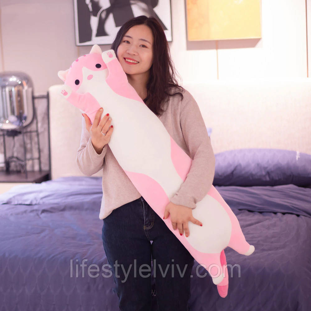 М'яка дитяча іграшка Кіт Батон 110 см рожевий / Плюшева іграшка подушка довгий кошеня, фото 1