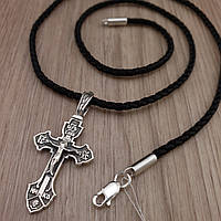 Мужская шелковая цепочка с крестиком на жестком ушке. Шелковый шнурок с серебряным замком и крест.