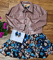 Дитячий комплект сукня з квітковим принтом з жакетом із екошкіри коричнево-чорний